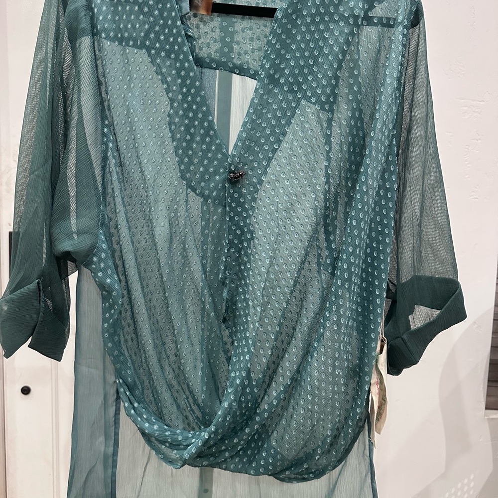 Aratta Teal Sheer Silk blend Blouse with swiss Dot Design